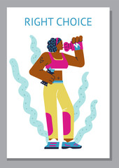 Vertical poster with athletic woman drinking sport supplements flat style