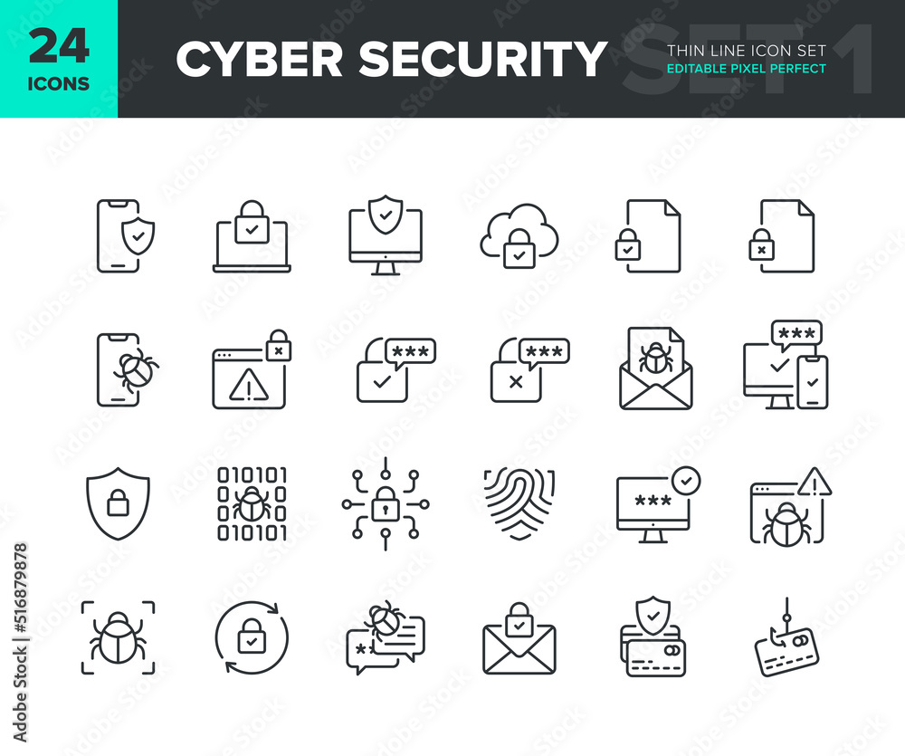 Poster cyber security vector line icon set. privacy and internet protection icon collection. computer and s