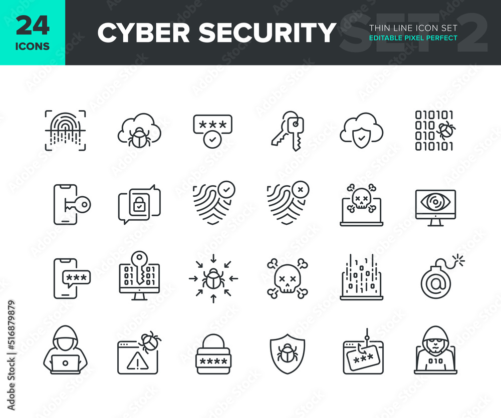 Poster cyber security vector line icon set. privacy and internet protection icon collection. computer and s
