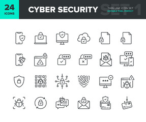 Cyber security vector line icon set. Privacy and internet protection icon collection. Computer and smartphone network security symbols. Editable pixel perfect. Part 1