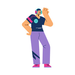 Young man wearing headphones flat cartoon vector illustration isolated.