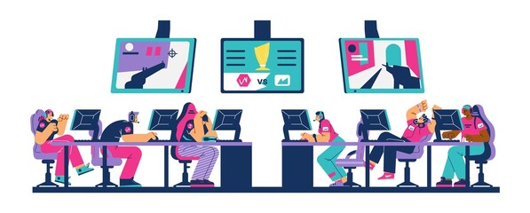 Cyber sport championship event with Esport team, vector illustration isolated.