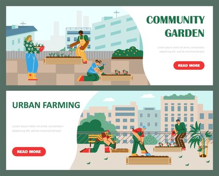 Set Of Website Banner Templates About Community Garden Flat Style