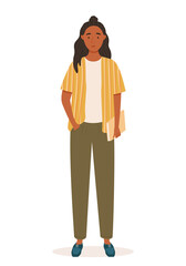 Young black-skinned girl in casual clothes. Student concept character. Stylish high school girl with textbook. Vector illustration in a flat style. Character illustration for presentations, cards