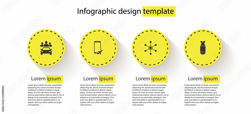 Sticker set car sharing, flight mode the mobile, network and aviation bomb. business infographic template. v