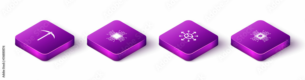 Poster set isometric pickaxe, processor, distribution and cpu mining farm icon. vector