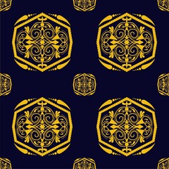 gold seamless pattern on blue background with ornament