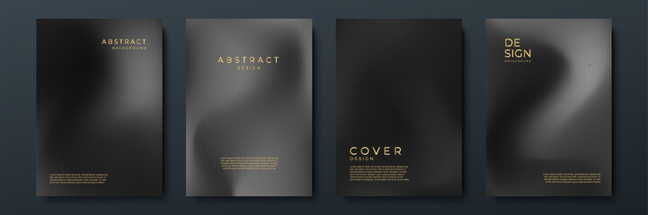 Blurred black gold backgrounds set with modern abstract blurred color gradient patterns. Templates collection for brochures, posters, banners, flyers and cards. Vector illustration.