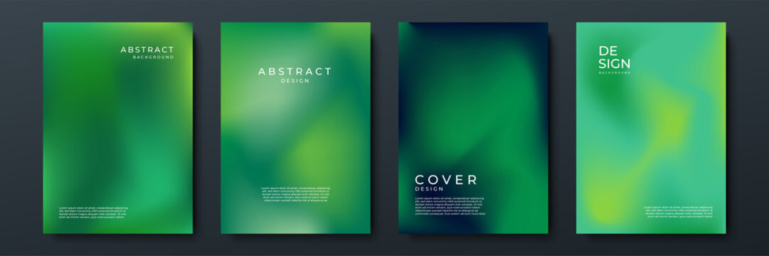 Blurred green backgrounds set with abstract gradient texture background with dynamic blurred effect. Templates for brochures, posters, banners, flyers and cards. Vector illustration.