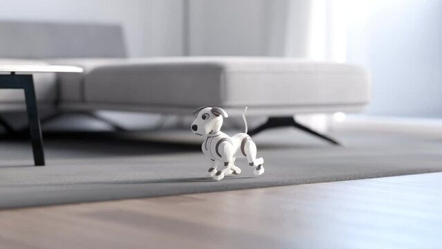 Animation of cute puppy robot toy walking in the living room. CGI render 4K.