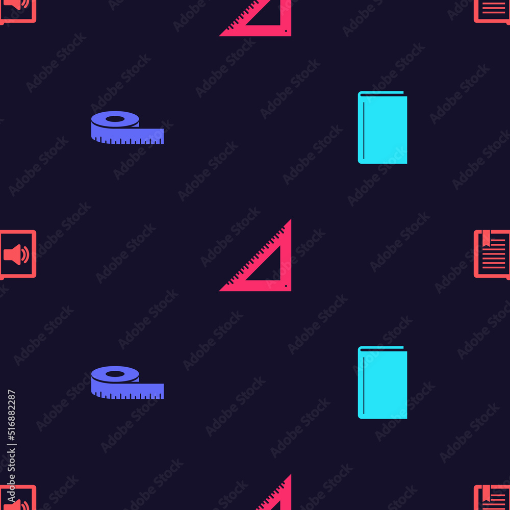 Poster set book, tape measure, triangular ruler and audio book on seamless pattern. vector