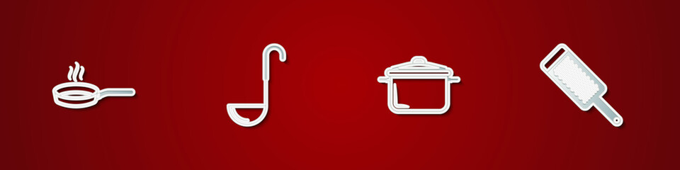 Set Frying pan, Kitchen ladle, Cooking pot and Grater icon. Vector