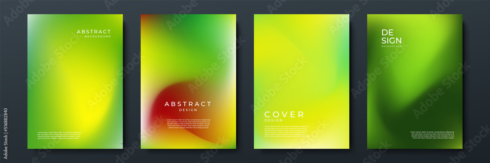 Poster Blurred green backgrounds set with abstract gradient texture background with dynamic blurred effect. Templates for brochures, posters, banners, flyers and cards. Vector illustration.