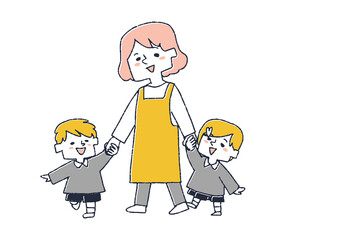 
子供と手を繋いで歩く保育士　保育園、幼稚園で伸び伸びと過ごすこども達
