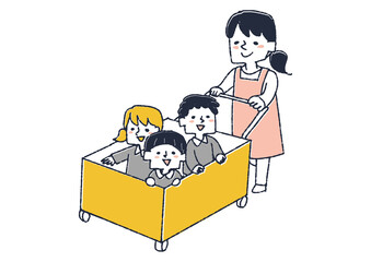 お散歩カーで散歩をする子供達　保育園、幼稚園で伸び伸びと過ごすこども達