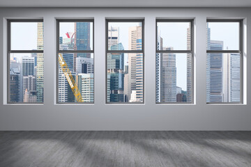 Fototapeta na wymiar Empty room Interior Skyscrapers View. Downtown Singapore City Skyline Buildings from High Rise Window. Beautiful Expensive Real Estate overlooking. Day time. 3d rendering.
