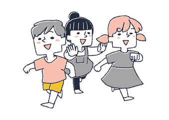鬼ごっこをする三人の子供　保育園、幼稚園で伸び伸びと過ごすこども達