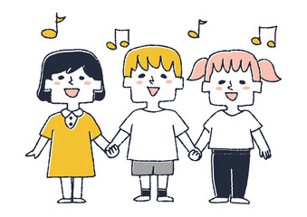 手を繋いで歌を歌う三人の子供　保育園、幼稚園で伸び伸びと過ごすこども達