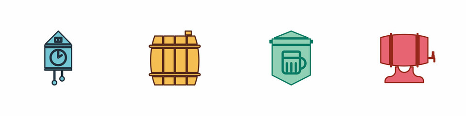 Set Retro wall watch, Wooden barrel, Signboard with glass of beer and on rack icon. Vector