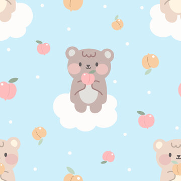 Cute Baby Bear and Peach Seamless Pattern © misspin