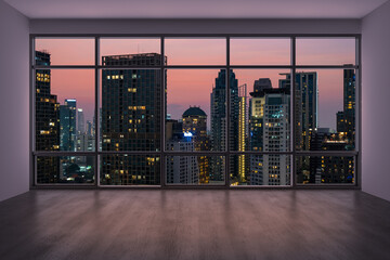 Empty room Interior Skyscrapers View Bangkok. Downtown City Skyline Buildings from High Rise Window. Beautiful Expensive Real Estate overlooking. Sunset. 3d rendering.