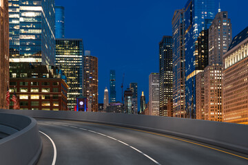 Empty urban asphalt road exterior with city buildings background. New modern highway concrete construction. Concept of way to success. Transportation logistic industry fast delivery. Chicago. USA.