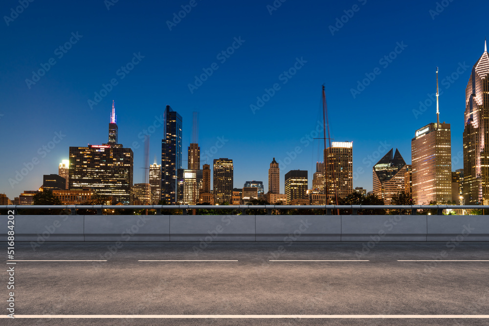 Wall mural empty urban asphalt road exterior with city buildings background. new modern highway concrete constr