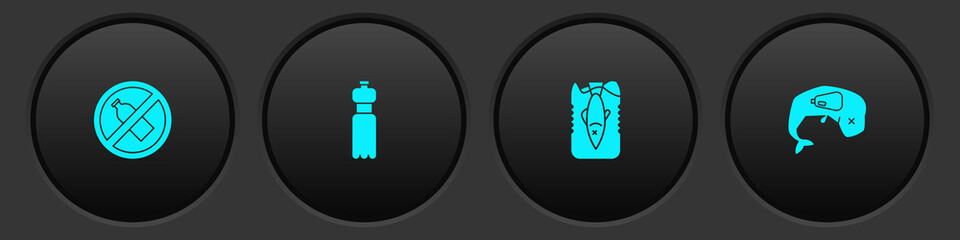 Set No plastic bottle, Bottle of water, Stop ocean pollution and Environment protection whale dead icon. Vector