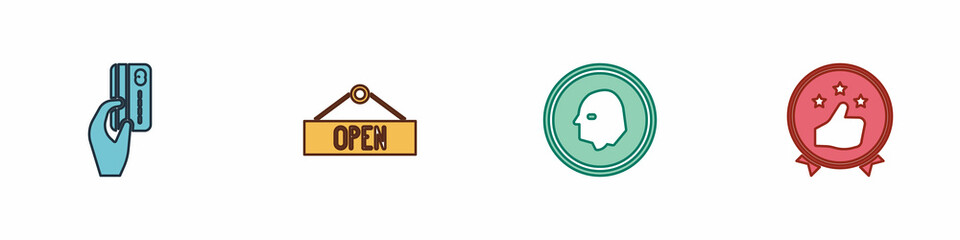 Set Hand holding with credit card, Hanging sign Open, Coin money and Consumer or customer product rating icon. Vector