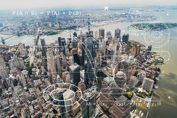 Aerial panoramic helicopter city view on Lower Manhattan district and financial Downtown, New York,...