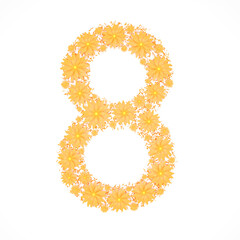 Number 8 made from orange flowers and petals isolated on white background. Design element. Floral font. Flowers letters. Summer font. 3d illustration