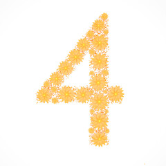 Number 4 made from orange flowers and petals isolated on white background. Design element. Floral font. Flowers letters. Summer font. 3d illustration