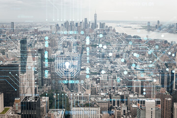 Aerial panoramic city view of Lower Manhattan, Midtown, Downtown, Financial district, West Side at day time, NYC, USA. Concept of cyber security to protect confidential information, padlock hologram