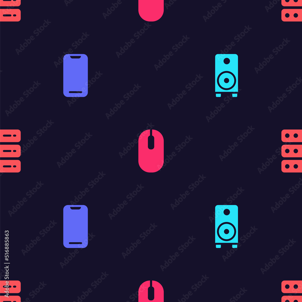 Poster Set Stereo speaker, Smartphone, Computer mouse and Server, Data, Web Hosting on seamless pattern. Vector