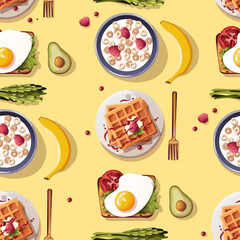 Seamless pattern with Toast with scrambled eggs, waffles, corn rings, asparagus, avocado. Healthy eating, nutrition, natural food, breakfast, cooking concept.