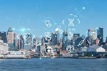 Fototapeta na wymiar New York City skyline from New Jersey over the Hudson River towards Midtown Manhattan at day time. Health care digital medicine hologram. The concept of treatment and disease prevention