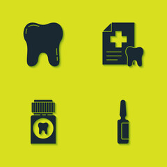 Set Tooth, Painkiller tablet, and Dental card icon. Vector