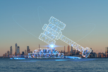 New York City skyline from New Jersey over Hudson River with Hudson Yards skyscrapers at sunset. Manhattan, Midtown. Hologram legal icons. The concept of law, order, regulations, digital justice