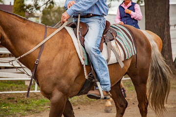 Close up of a man riding a stock horse at the showground