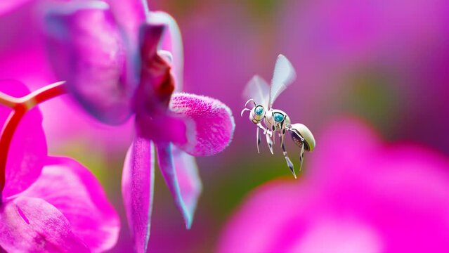Sophisticated bee robot replacing real animals in the wild. Orchid flower close.