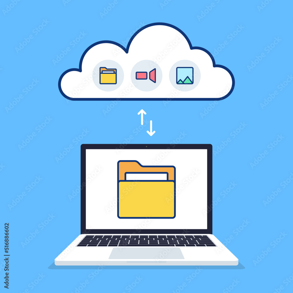 Poster cloud server. access from laptop to cloud files. vector illustration..
