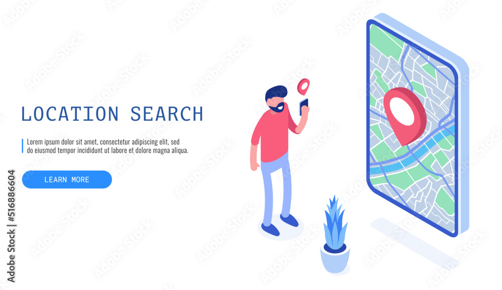 Poster concept of location search. web banner. man looking for a destination. vector illustration..