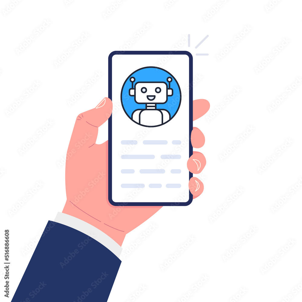 Aufkleber hand hold phone with chatbot on screen. chatbot concept. vector illustration..
