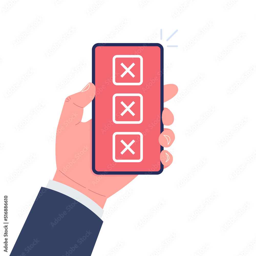 Poster hand holds the smartphone with red checkboxes on screen. vector illustration..
