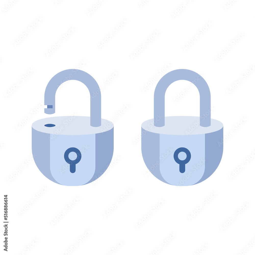 Poster locked and unlocked metallic padlock. realistic set of metallic locks. security concept. vector illu