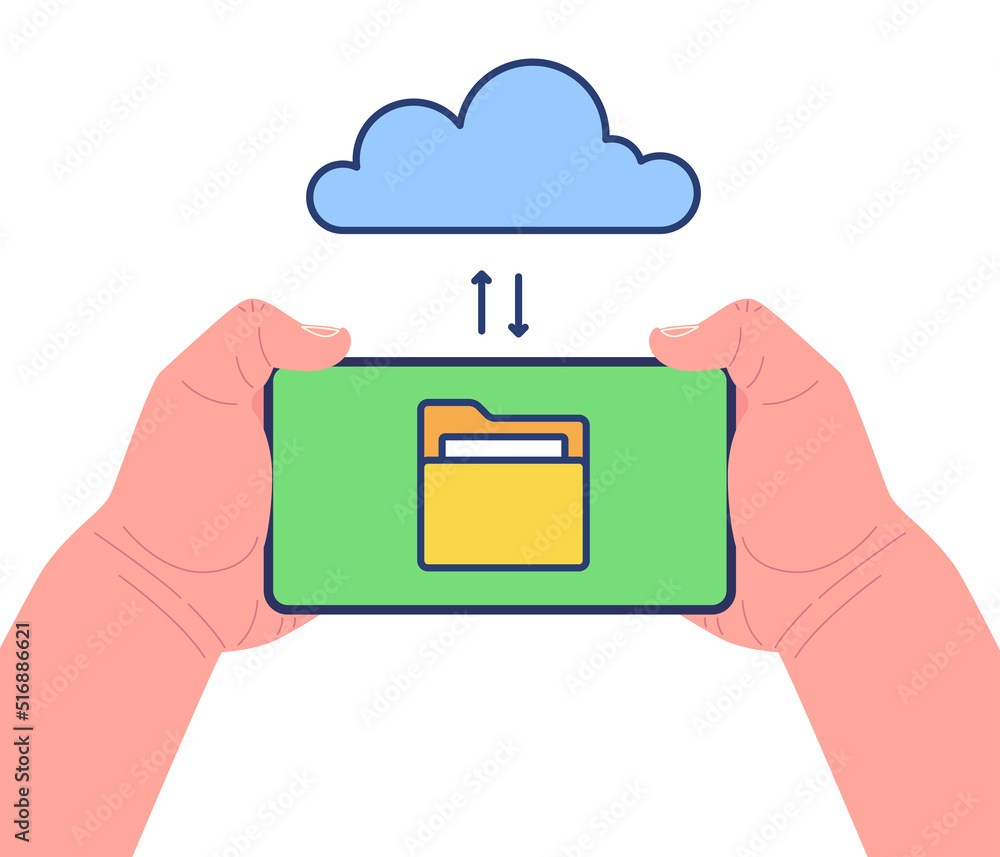 Poster hands holding smartphone with swapping files before cloud and server on screen. cloud storage. vecto