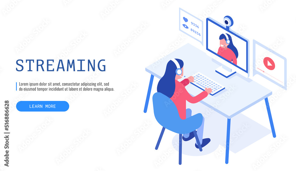 Poster concept of video blogging. woman sitting in front of computer and streaming online. web banner. vect