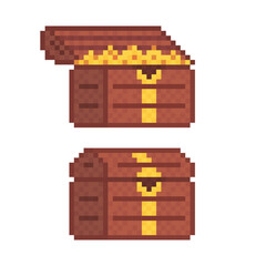 Chest of gold in opened and closed variations on white background. Illustration in pixel art style..