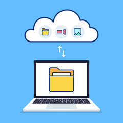 Cloud server. Access from laptop to cloud files. Vector illustration..