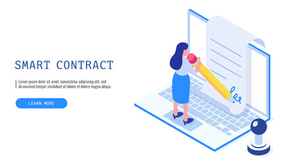 Smart contract concept. A woman signing a contract by electronic signature. Web banner. Vector illustration..